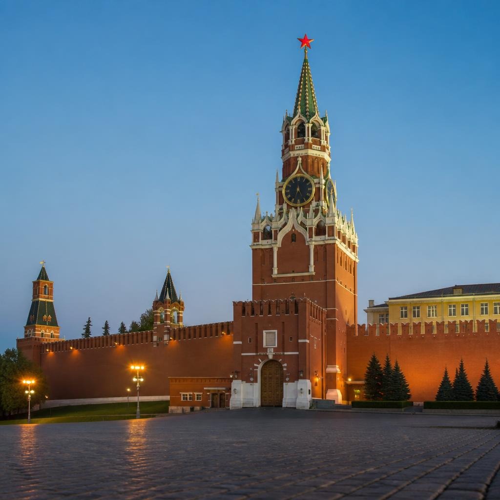 Москва: Спасская башня и стены Кремля вечером