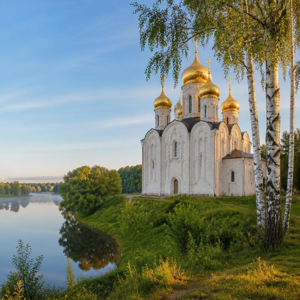 Золотое кольцо: древнерусский храм с золотыми куполами у реки